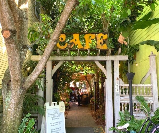 Entrance of Third Wave Cafe, lots of plants with sign that says cafe.